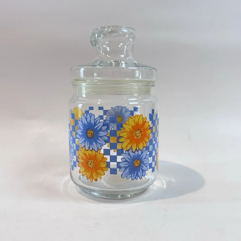 Clear Glass Canister Jar w Airtight Lid Floral & Check Pattern Farmhouse Cottage